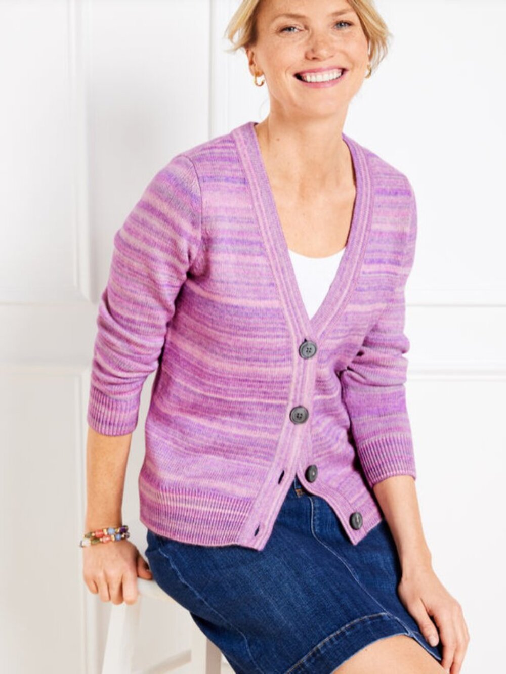 Talbots V-Neck Cardigan in Space Dye Marled Lilac Preppy Fall Transition Sz XL